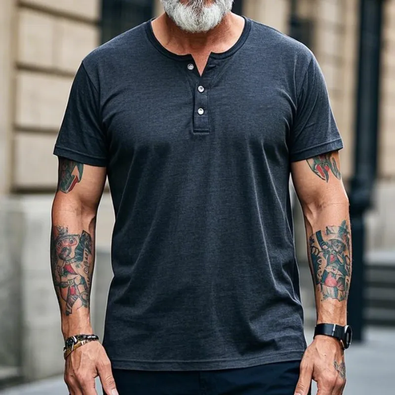 Men's Vintage Casual Henley Collar Cotton Blend Short Sleeve T-Shirt 46655003F sold by Manly product image thumbnail 2