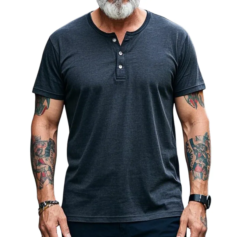 Men's Vintage Casual Henley Collar Cotton Blend Short Sleeve T-Shirt 46655003F sold by Manly