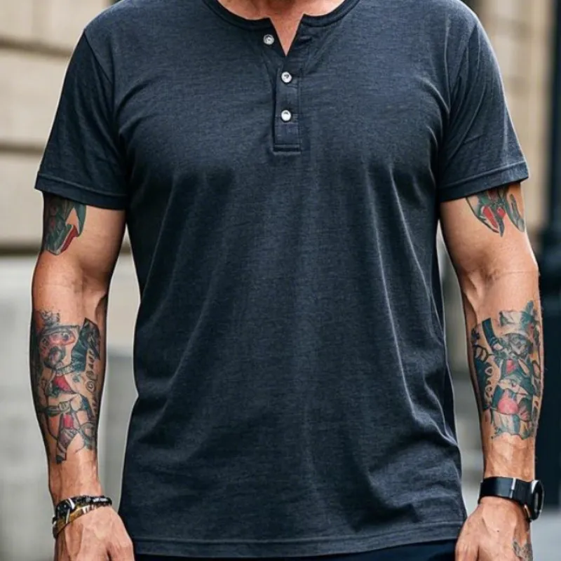 Men's Vintage Casual Henley Collar Cotton Blend Short Sleeve T-Shirt 46655003F sold by Manly product image thumbnail 3