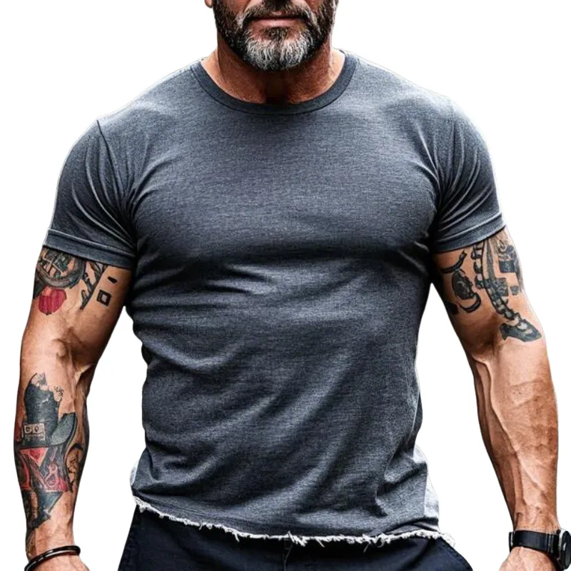 Men's Vintage Casual Round Neck Raw Edge Cotton Blend Short Sleeve T-shirt 66354191F sold by Manly