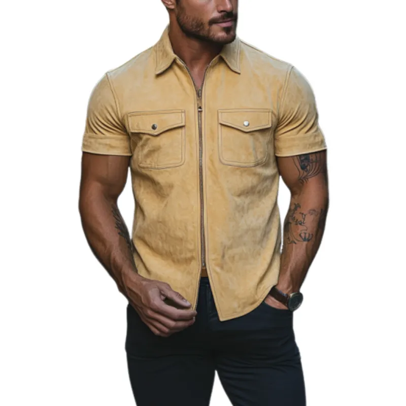 Men's Classic Casual Slim Lapel Multi-Pocket Suede Short Sleeve Shirt 02061318K sold by Manly