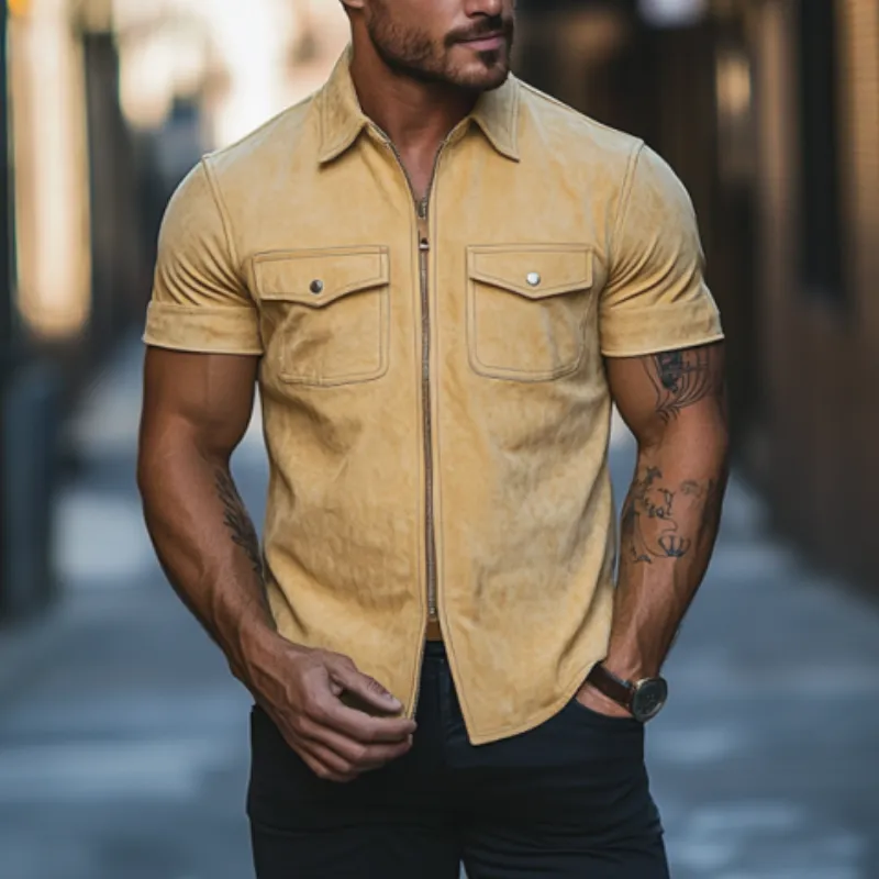 Men's Classic Casual Slim Lapel Multi-Pocket Suede Short Sleeve Shirt 02061318K sold by Manly product image thumbnail 3