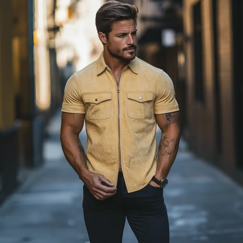 Men's Classic Casual Slim Lapel Multi-Pocket Suede Short Sleeve Shirt 02061318K sold by Manly product image thumbnail 2