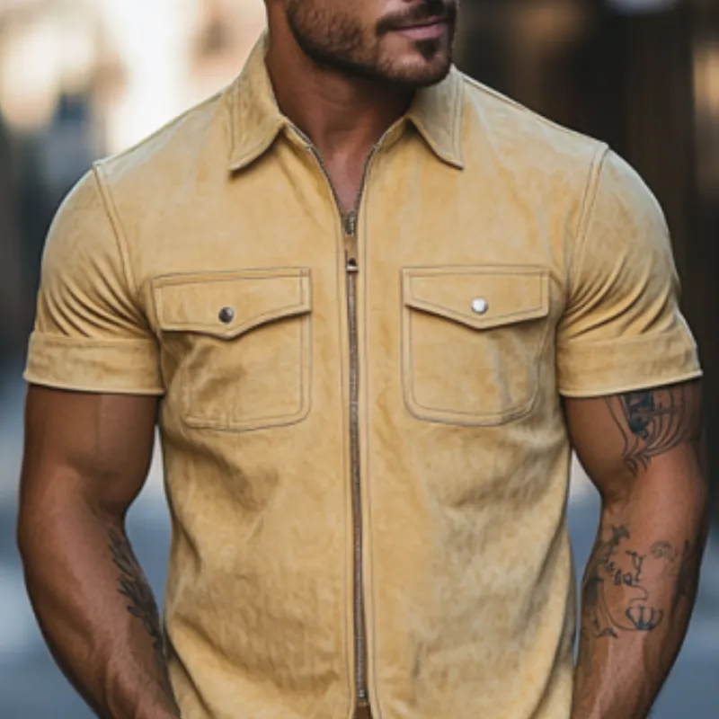 Men's Classic Casual Slim Lapel Multi-Pocket Suede Short Sleeve Shirt 02061318K sold by Manly product image thumbnail 4