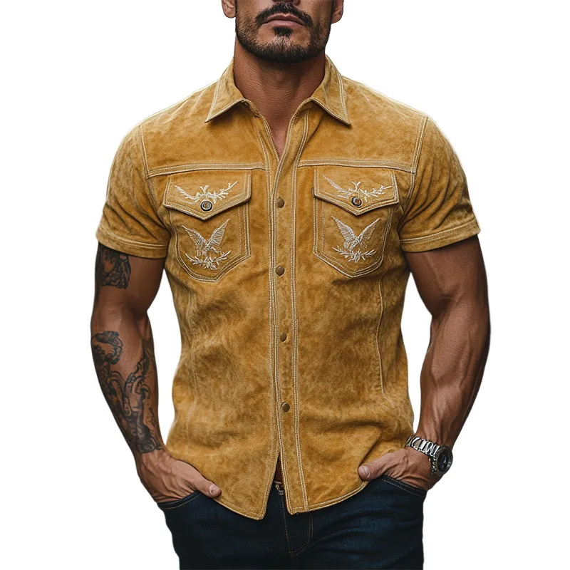 Men's Classic Retro Western Embroidered Slim Fit Suede Short Sleeve Shirt 89659726K sold by Manly