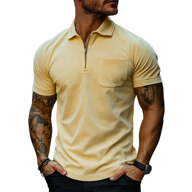 Men's Classic Casual Slim Fit Zipper Pocket Suede Short Sleeve Polo Shirt 12177118K sold by Manly