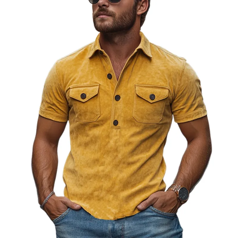 Men's Retro Casual Slim V-Neck Multi-Pocket Suede Short-Sleeved POLO Shirt 50821227K sold by Manly