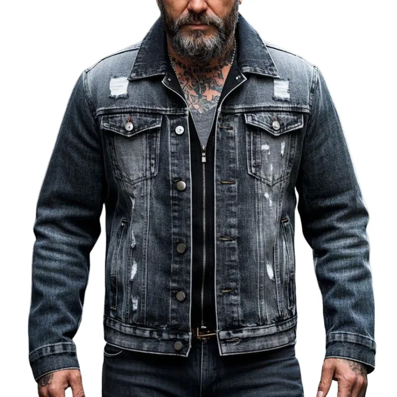 Men's Retro Casual Lapel Ripped Denim Jacket 85117167F sold by Manly