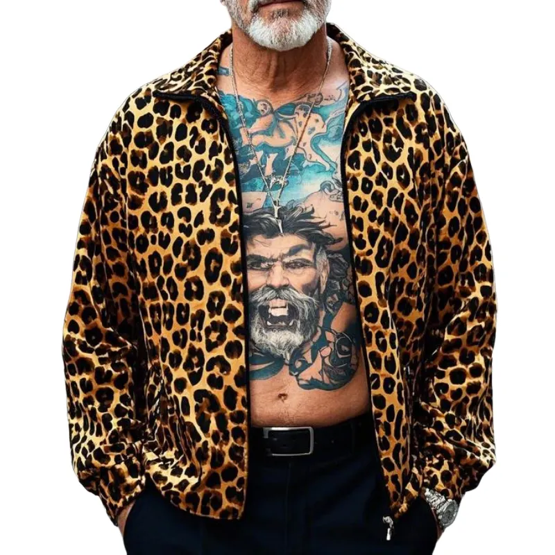 Men's Lightweight Casual Lapel Leopard Print Zip-Up Jacket 08859006F sold by Manly