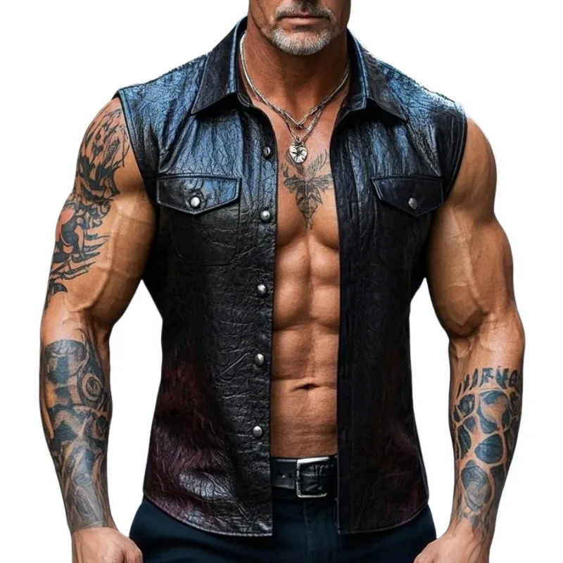 Men's Vintage Casual Lapel Textured Leather Vest 18934055F sold by Manly