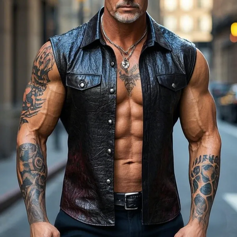Men's Vintage Casual Lapel Textured Leather Vest 18934055F sold by Manly product image thumbnail 2