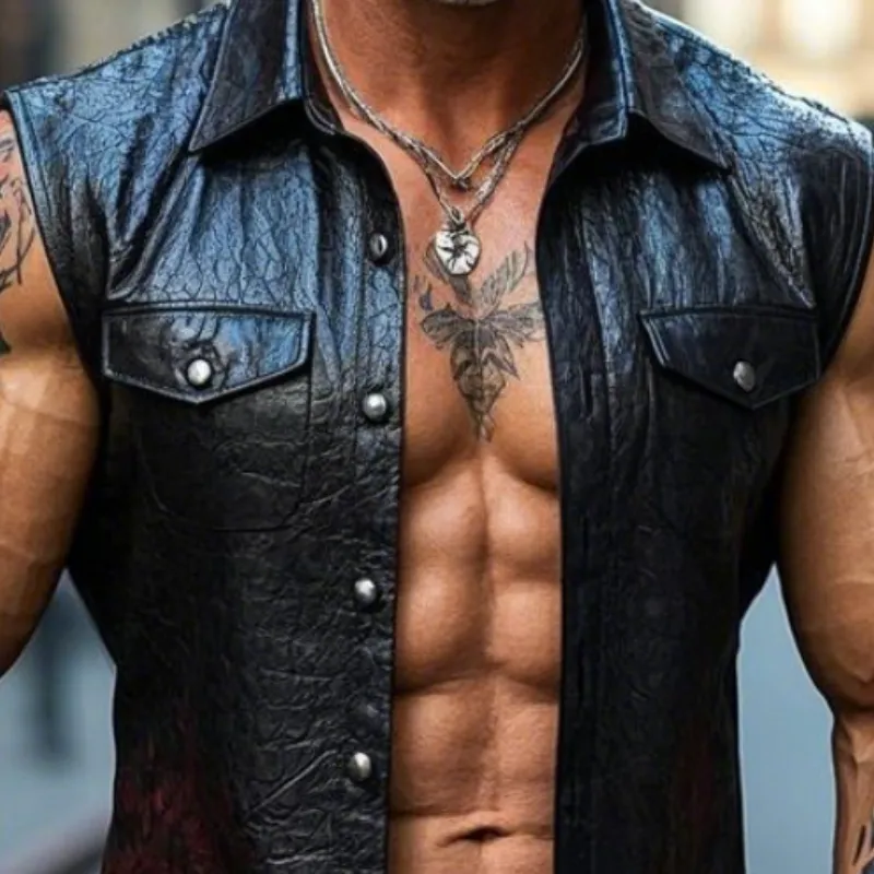 Men's Vintage Casual Lapel Textured Leather Vest 18934055F sold by Manly product image thumbnail 3