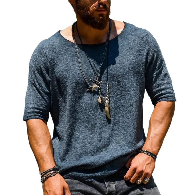 Men's Casual Navy Blue Round Neck Short and Medium Sleeve T-shirt 38219335U sold by Manly