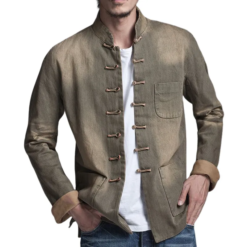 Men's Vintage Washed Denim Stand Collar Long Sleeve Shirt 15597186U sold by Manly
