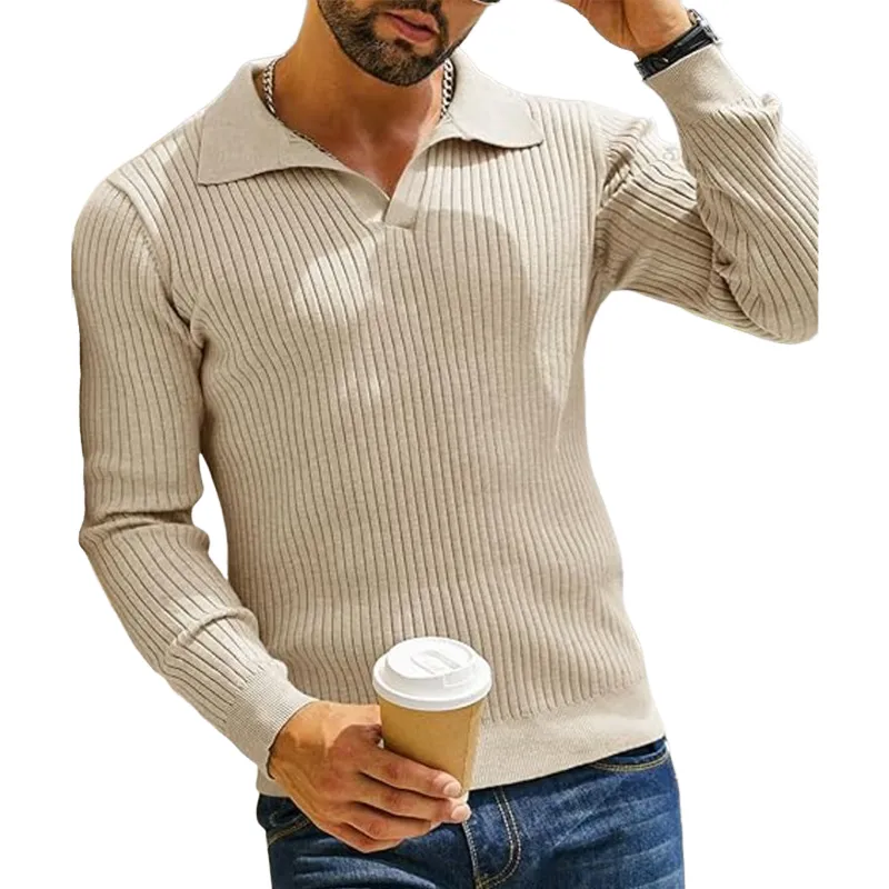 Men's Slim Fit Lapel Apricot Vertical Striped Knitted Sweater 17589582U sold by Manly