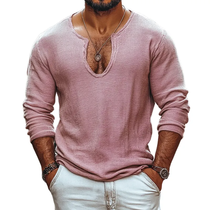 Men's Solid Color U Neck Long Sleeve Casual T-shirt 77390845Z sold by Manly