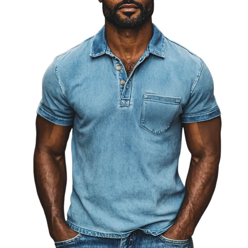 Men's Fashion Distressed Washed Lapel Short Sleeve Denim Polo Shirt 78864806Z sold by Manly