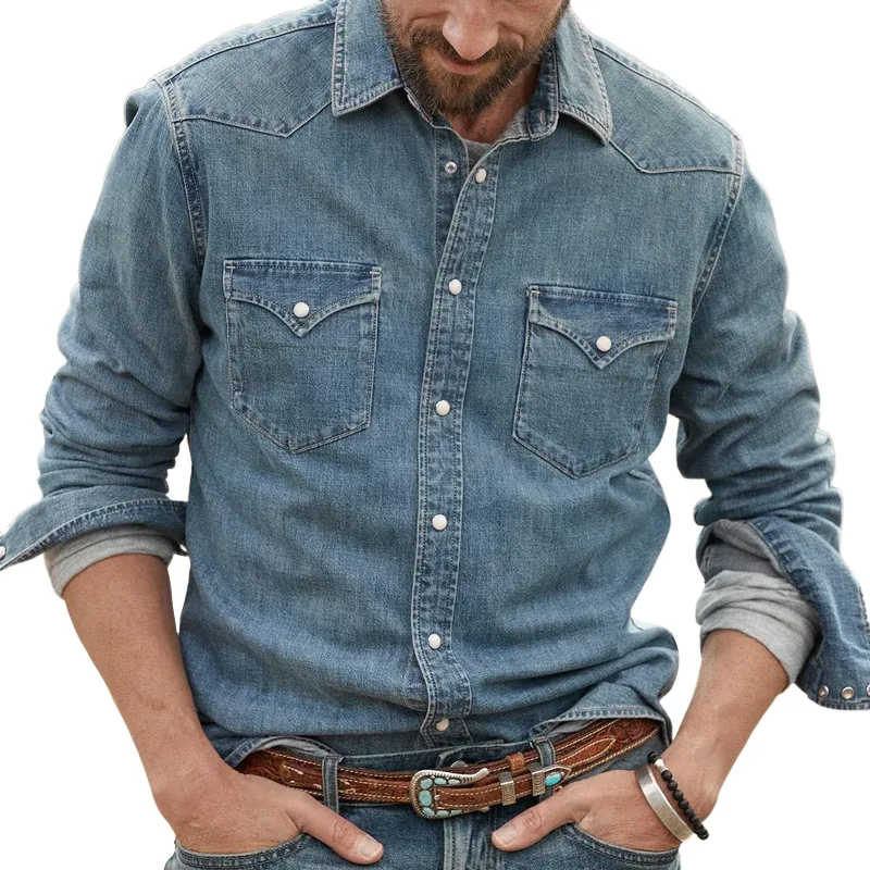 Men's Fashion Western Style Lapel Long Sleeve Denim Shirt 52728421Z sold by Manly