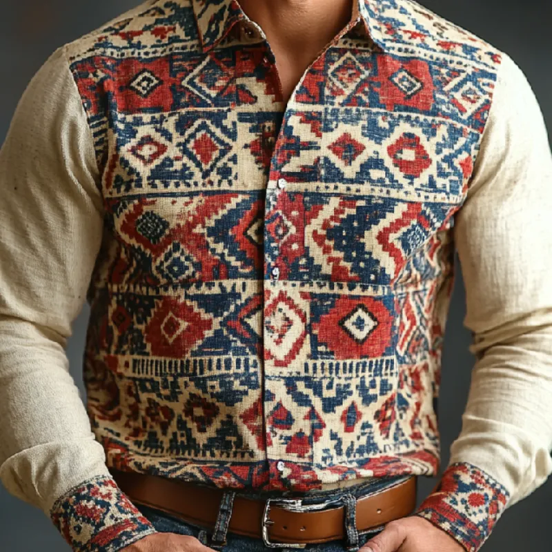 Men's Retro Casual Lapel Printed Cotton and Linen Long Sleeve Shirt 81838247F sold by Manly product image thumbnail 3