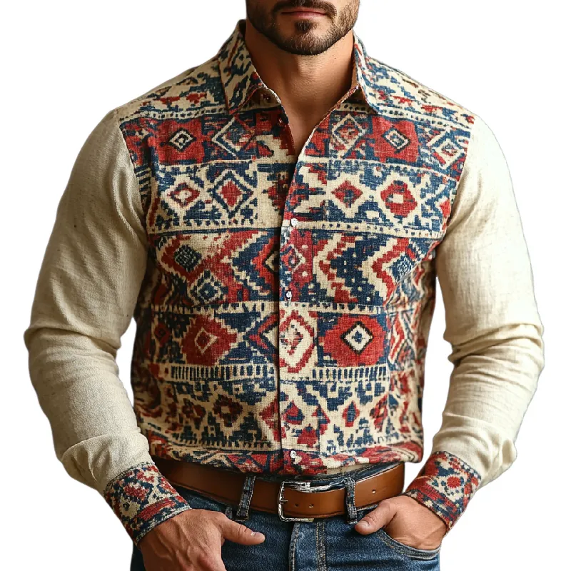 Men's Retro Casual Lapel Printed Cotton and Linen Long Sleeve Shirt 81838247F sold by Manly