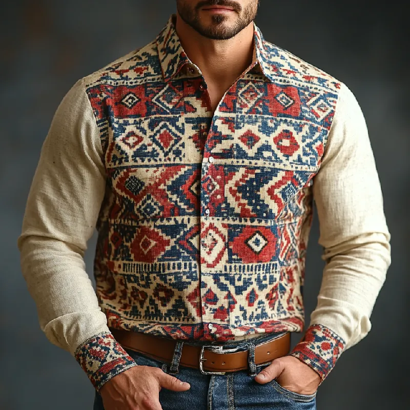 Men's Retro Casual Lapel Printed Cotton and Linen Long Sleeve Shirt 81838247F sold by Manly product image thumbnail 2