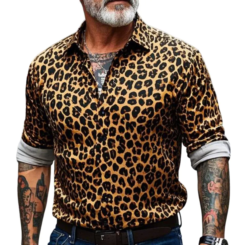 Men's Vintage Casual Lapel Cotton Blend Leopard Print Long Sleeve Shirt 90639278F sold by Manly