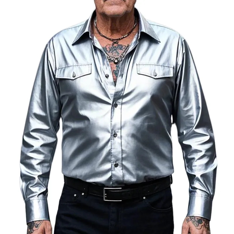 Men's Casual Fashion Lapel Silver Long Sleeve Leather Shirt 63494910F sold by Manly