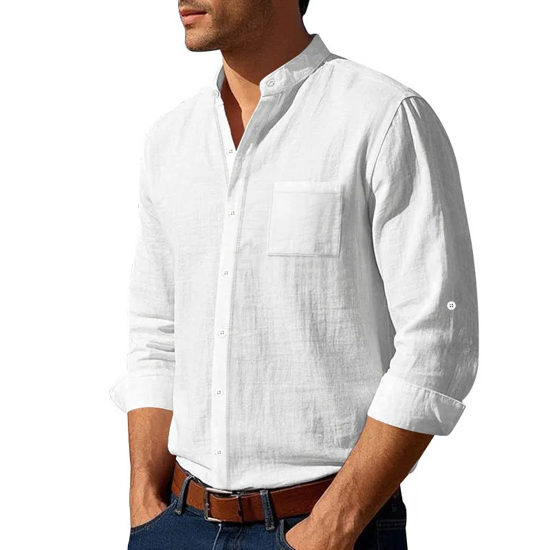 Men's Linen Stand Collar Breathable Long Sleeve Shirt 95403007X sold by Manly