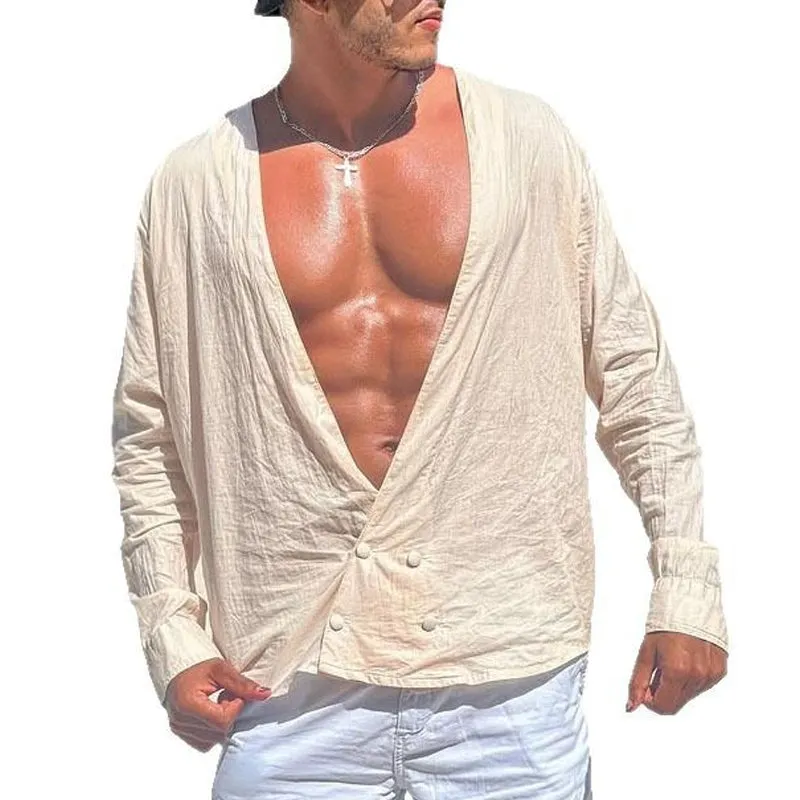 Men's Solid Color V-Neck Long Sleeve Shirt 10681895X sold by Manly