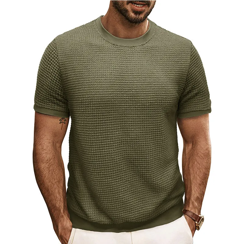 Men's Solid Color Waffle Round Neck Short Sleeve T-shirt 01204058X sold by Manly