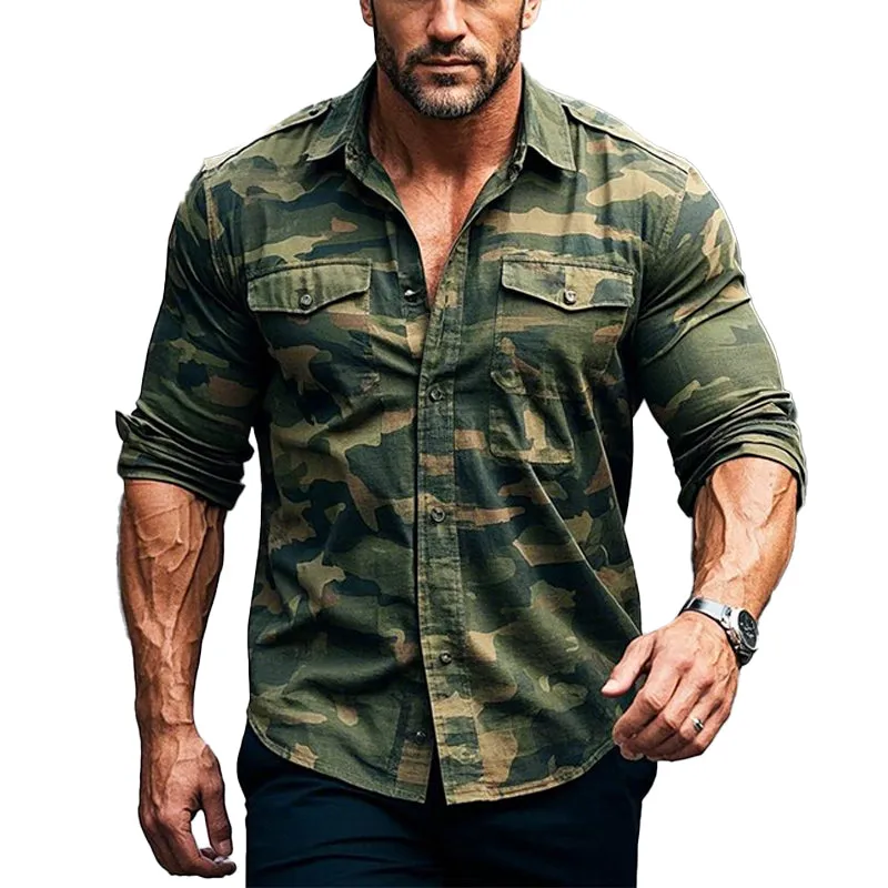 Men's Outdoor Camouflage Lapel Long Sleeve Shirt 05166874X sold by Manly