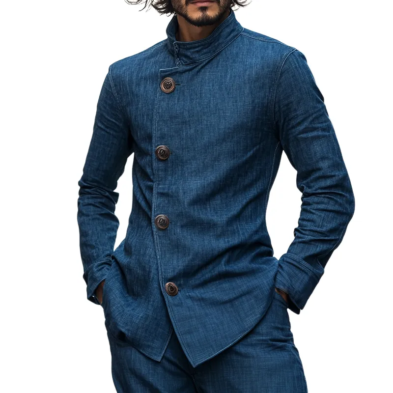 Men's Retro Casual Denim Stand Collar Slim Fit Long Sleeve Shirt 78116702TO sold by Manly