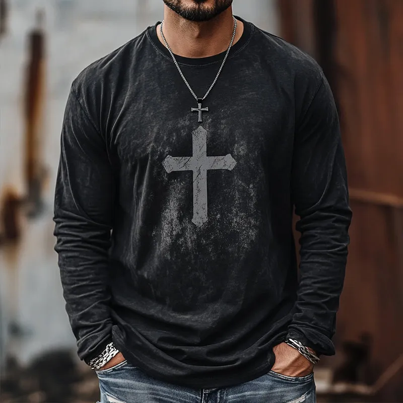 Men's Retro Casual Cross Printed Round Neck Long Sleeve T-Shirt 60532299TO sold by Manly product image thumbnail 2