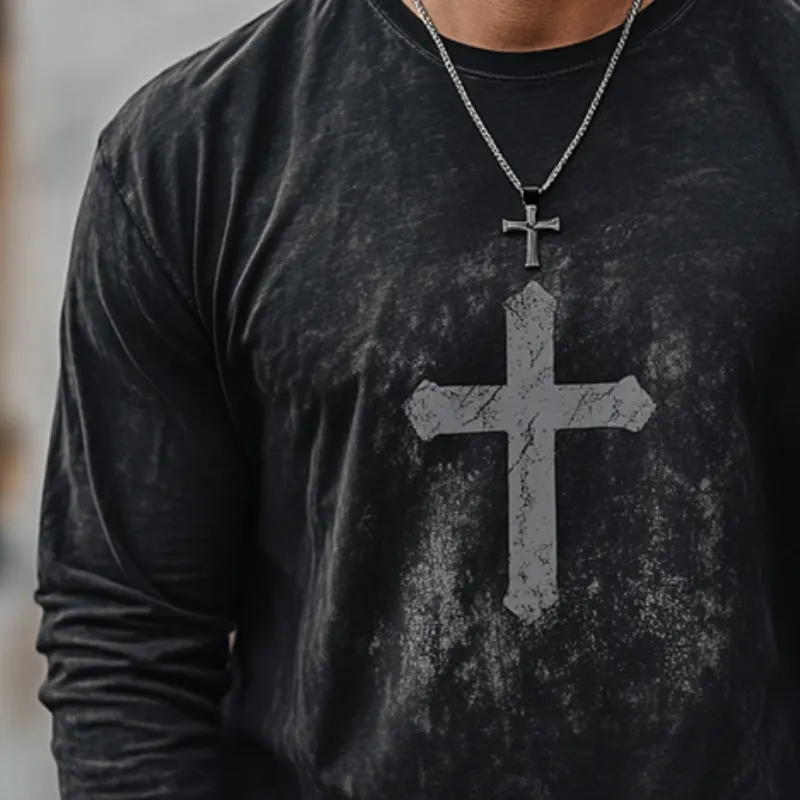 Men's Retro Casual Cross Printed Round Neck Long Sleeve T-Shirt 60532299TO sold by Manly product image thumbnail 3