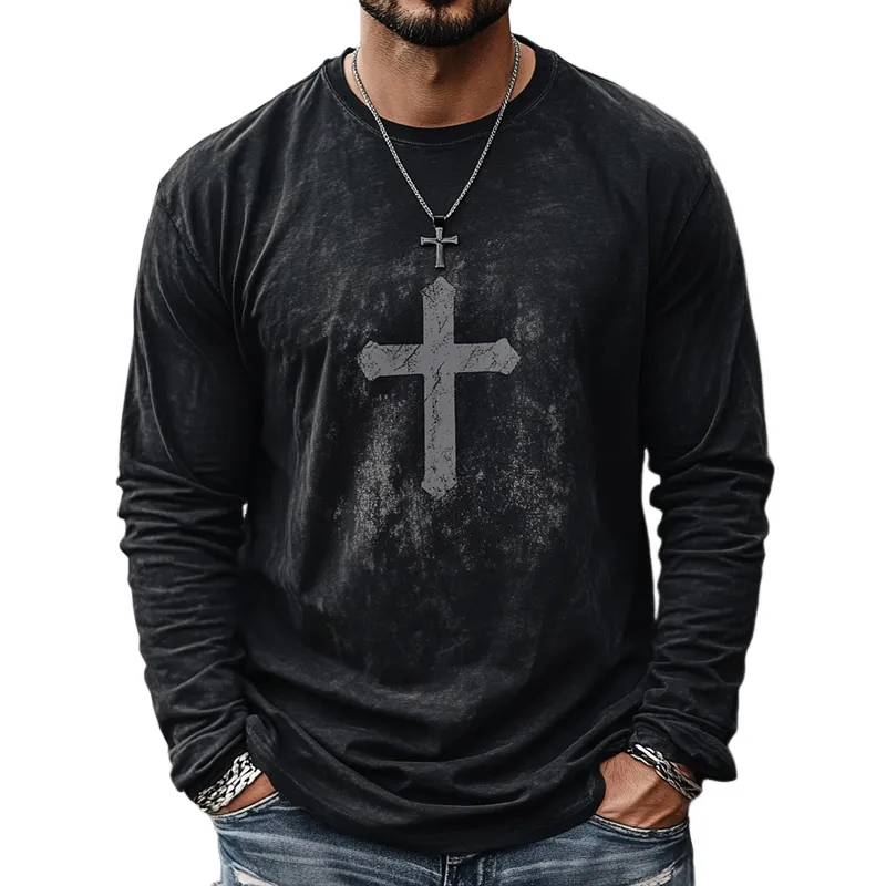 Men's Retro Casual Cross Printed Round Neck Long Sleeve T-Shirt 60532299TO sold by Manly