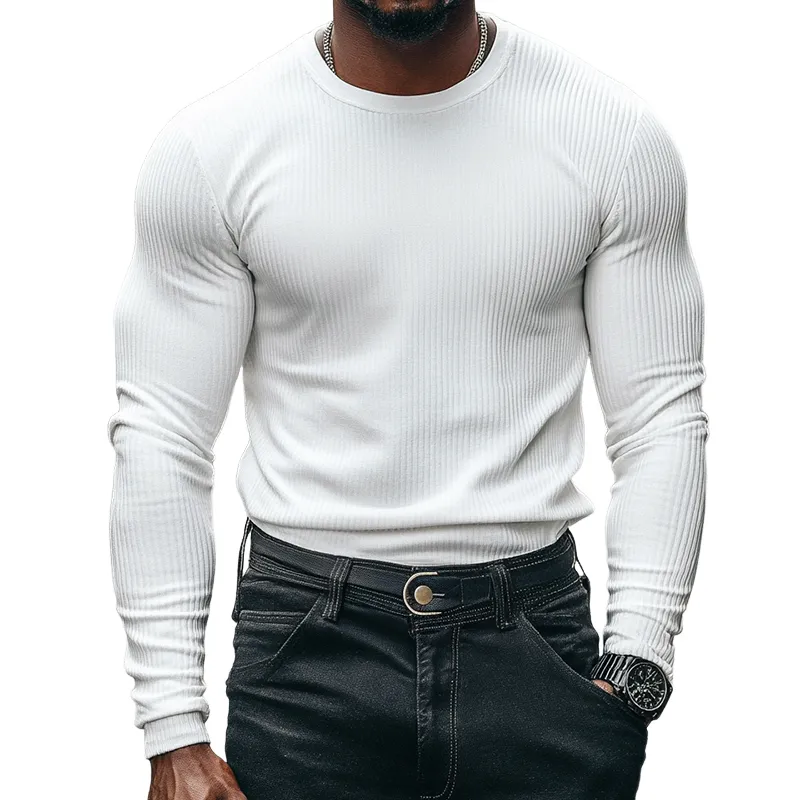 Men's Retro Casual Solid Color Striped Round Neck Long Sleeve T-Shirt 48509070TO sold by Manly