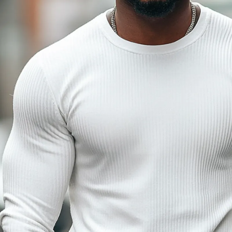 Men's Retro Casual Solid Color Striped Round Neck Long Sleeve T-Shirt 48509070TO sold by Manly product image thumbnail 3