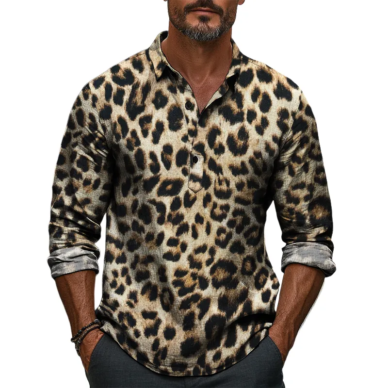 Men's Retro Casual Leopard Print Lapel Long Sleeve Shirt 43752075TO sold by Manly