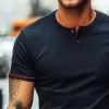 Men's Retro Casual Simple Street Henley Collar Short Sleeve T-Shirt 74684781TO sold by Manly