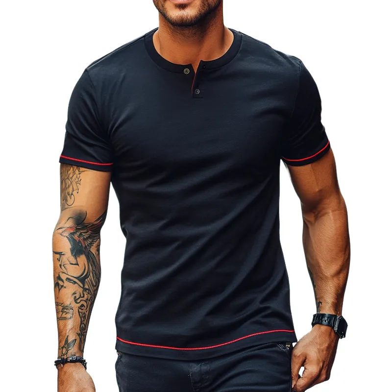 Men's Retro Casual Simple Street Henley Collar Short Sleeve T-Shirt 74684781TO sold by Manly