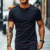 Men's Retro Casual Simple Street Henley Collar Short Sleeve T-Shirt 74684781TO sold by Manly