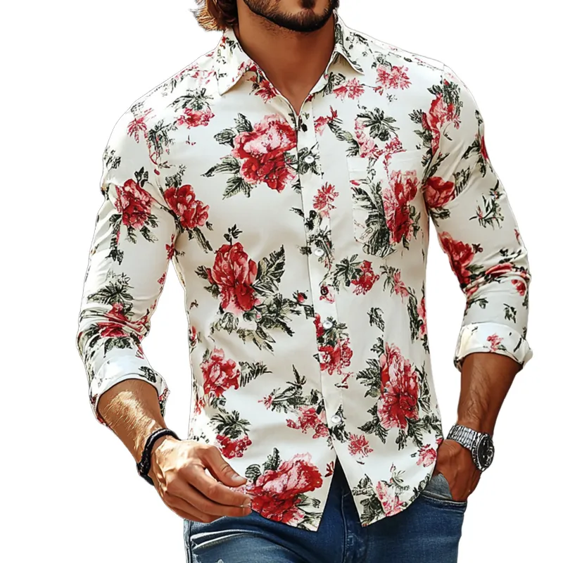 Men's Retro Casual Contrast Print Lapel Long Sleeve Shirt 29368993TO sold by Manly