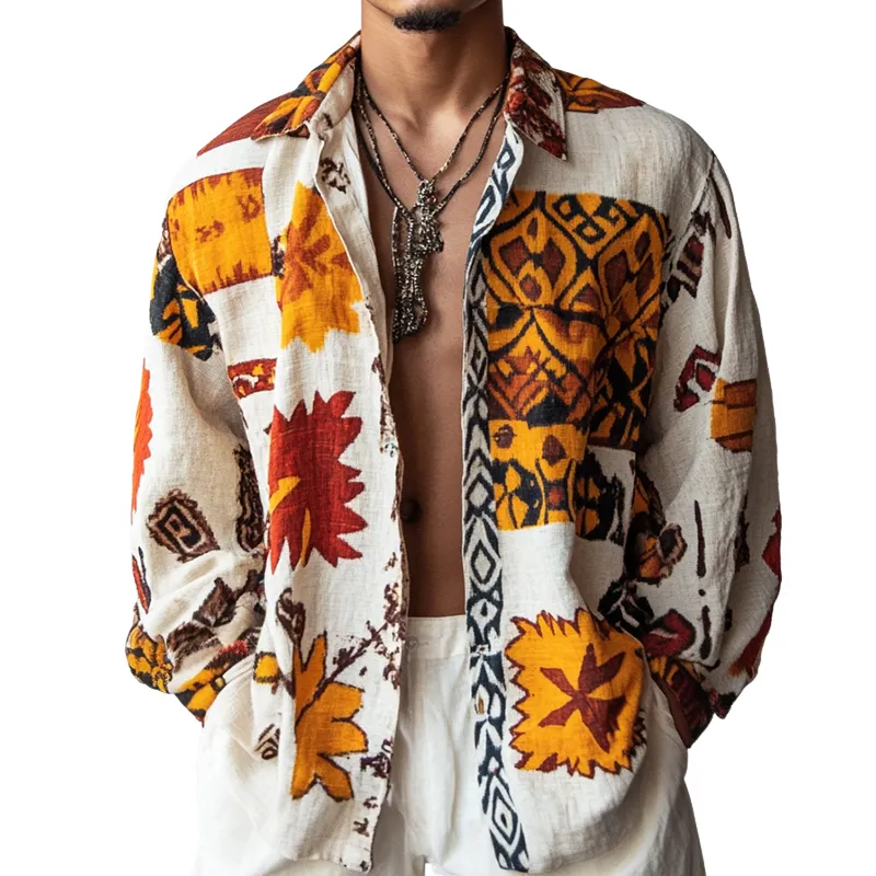 Men's Retro Casual Ethnic Style Printed Cotton and Linen Lapel Long Sleeve Shirt 95738664TO sold by Manly