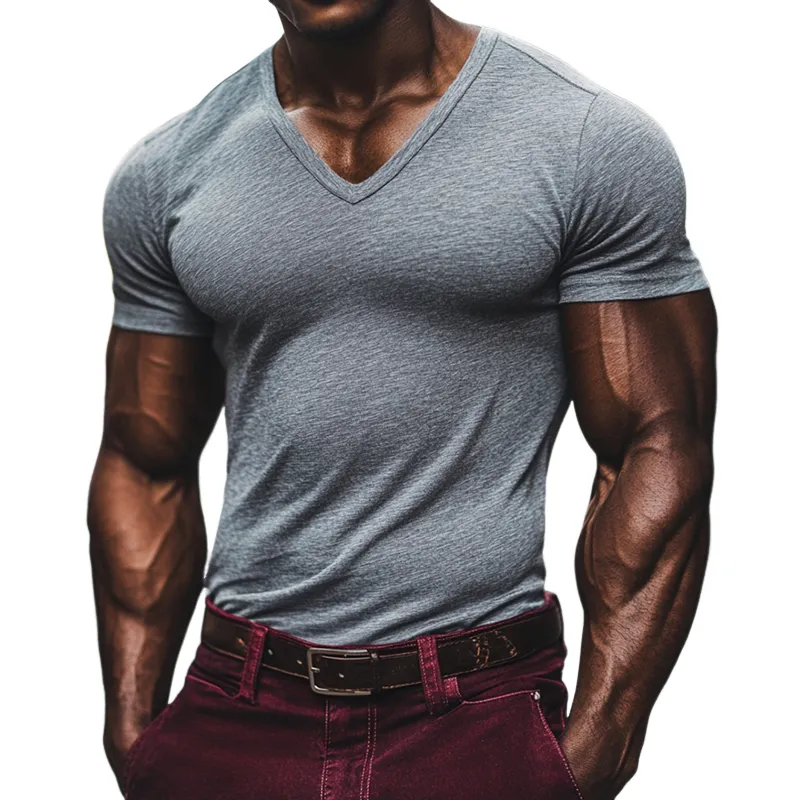 Men's Retro Casual Mixed Color Slim V-Neck Short Sleeve T-Shirt 78931117TO sold by Manly