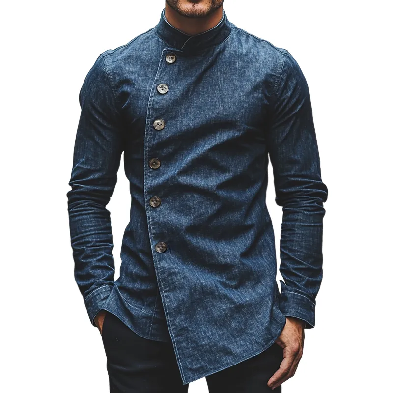 Men's Retro Casual Denim Stand Collar Slim Fit Long Sleeve Shirt 64502446TO sold by Manly
