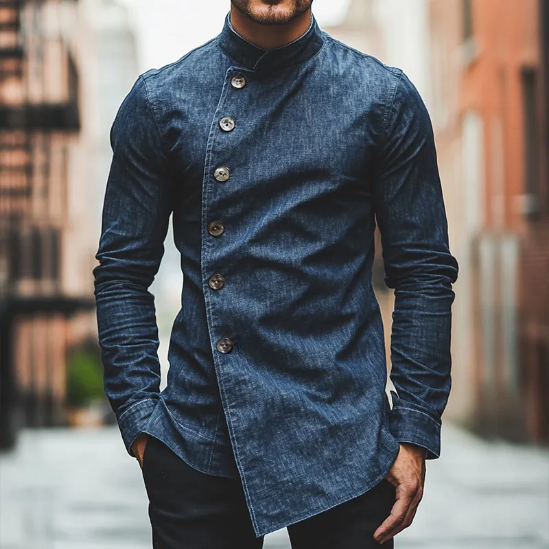 Men's Retro Casual Denim Stand Collar Slim Fit Long Sleeve Shirt 64502446TO sold by Manly product image thumbnail 2