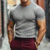 Men's Retro Casual Solid Color Striped Round Neck Short Sleeve T-Shirt 02139433TO sold by Manly