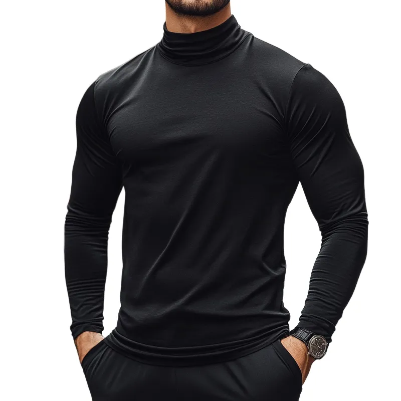 Men's Retro Casual Solid Color High Neck Long Sleeve T-Shirt 36339092TO sold by Manly
