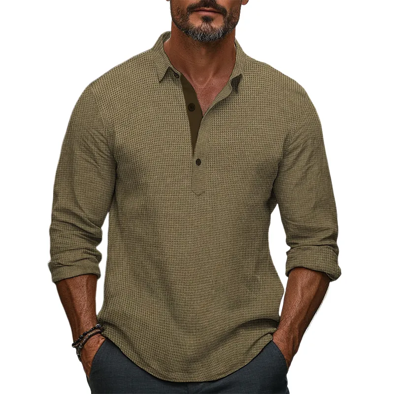 Men's Retro Casual Solid Color Waffle Lapel Long Sleeve Shirt 35056000TO sold by Manly