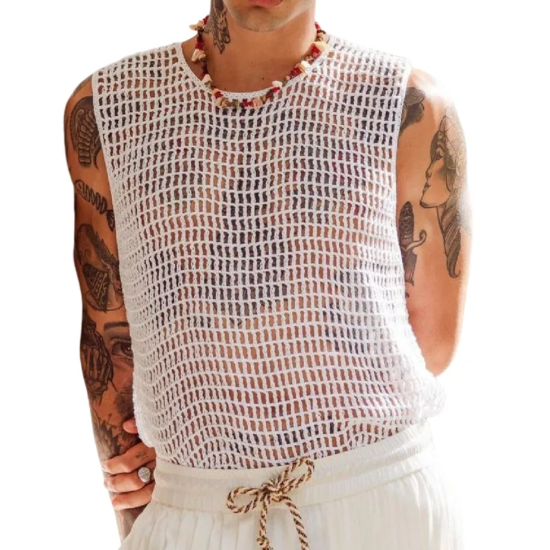Men's Casual Round Neck Loose Hollow Crochet Tank Top 16401600M sold by Manly